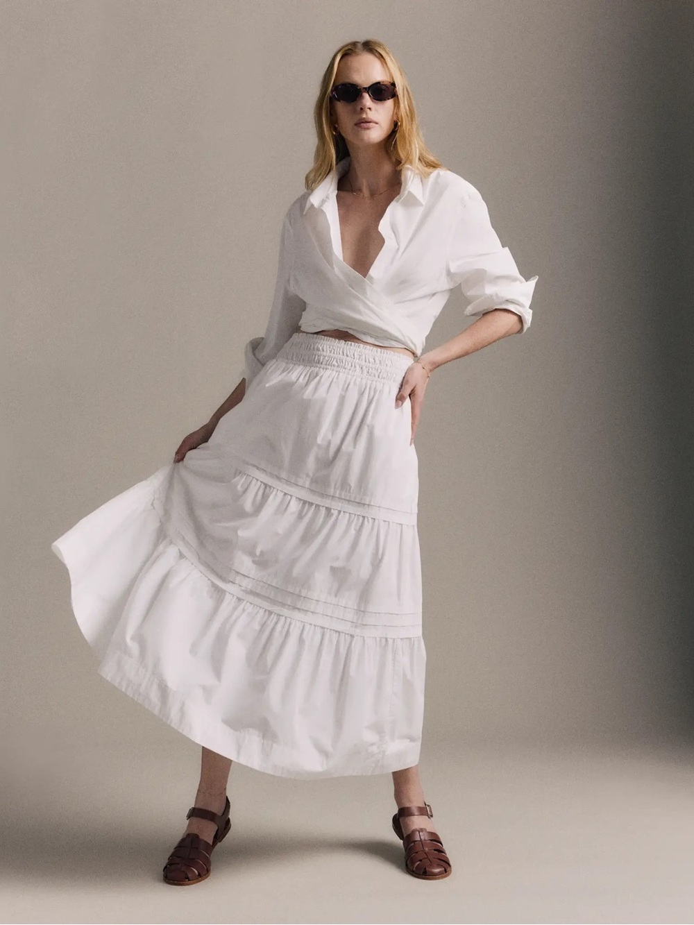 Quince Small Fully Lined White 100% Organic Cotton Poplin Tiered Maxi Skirt